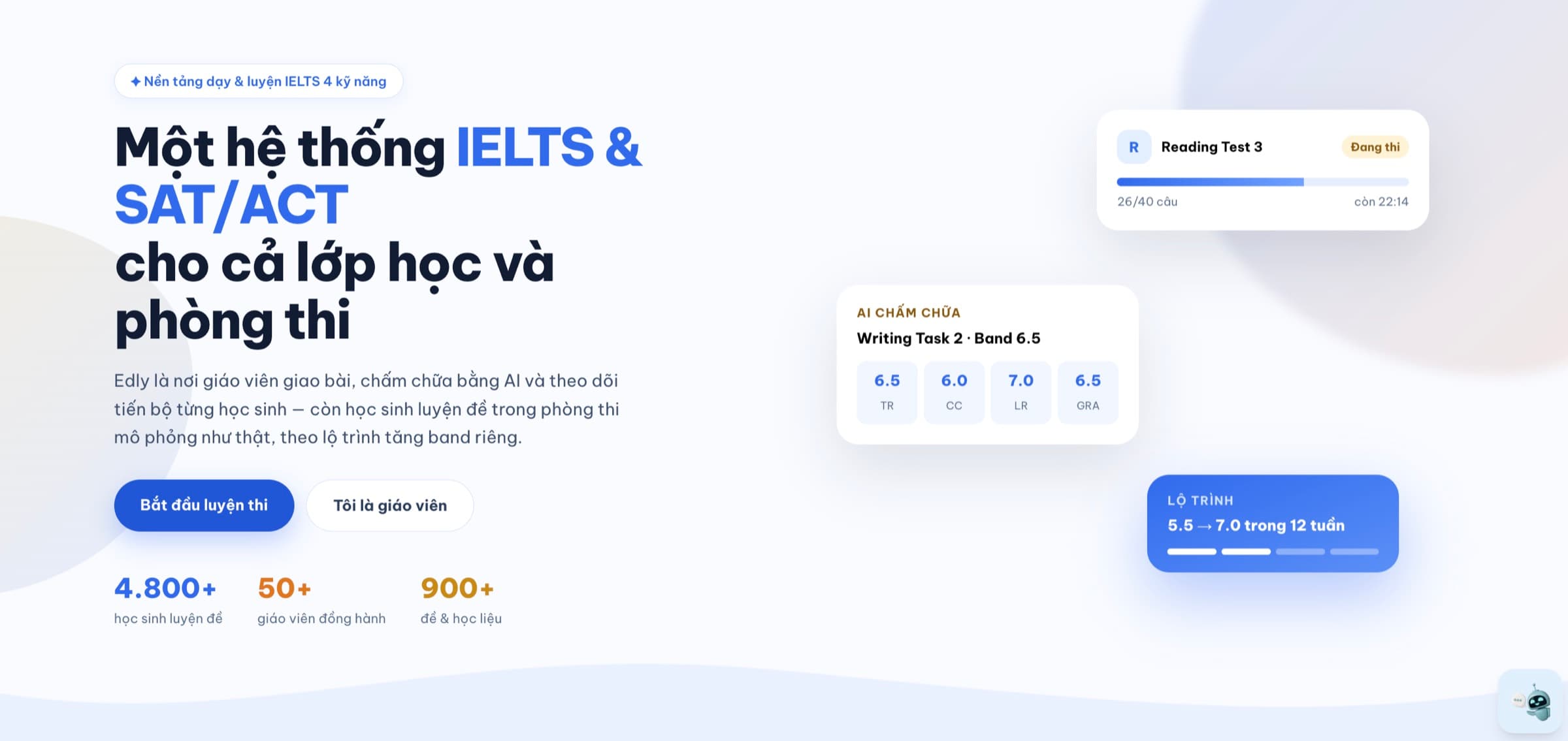Edly homepage: an IELTS and SAT/ACT platform for classrooms and exam rooms